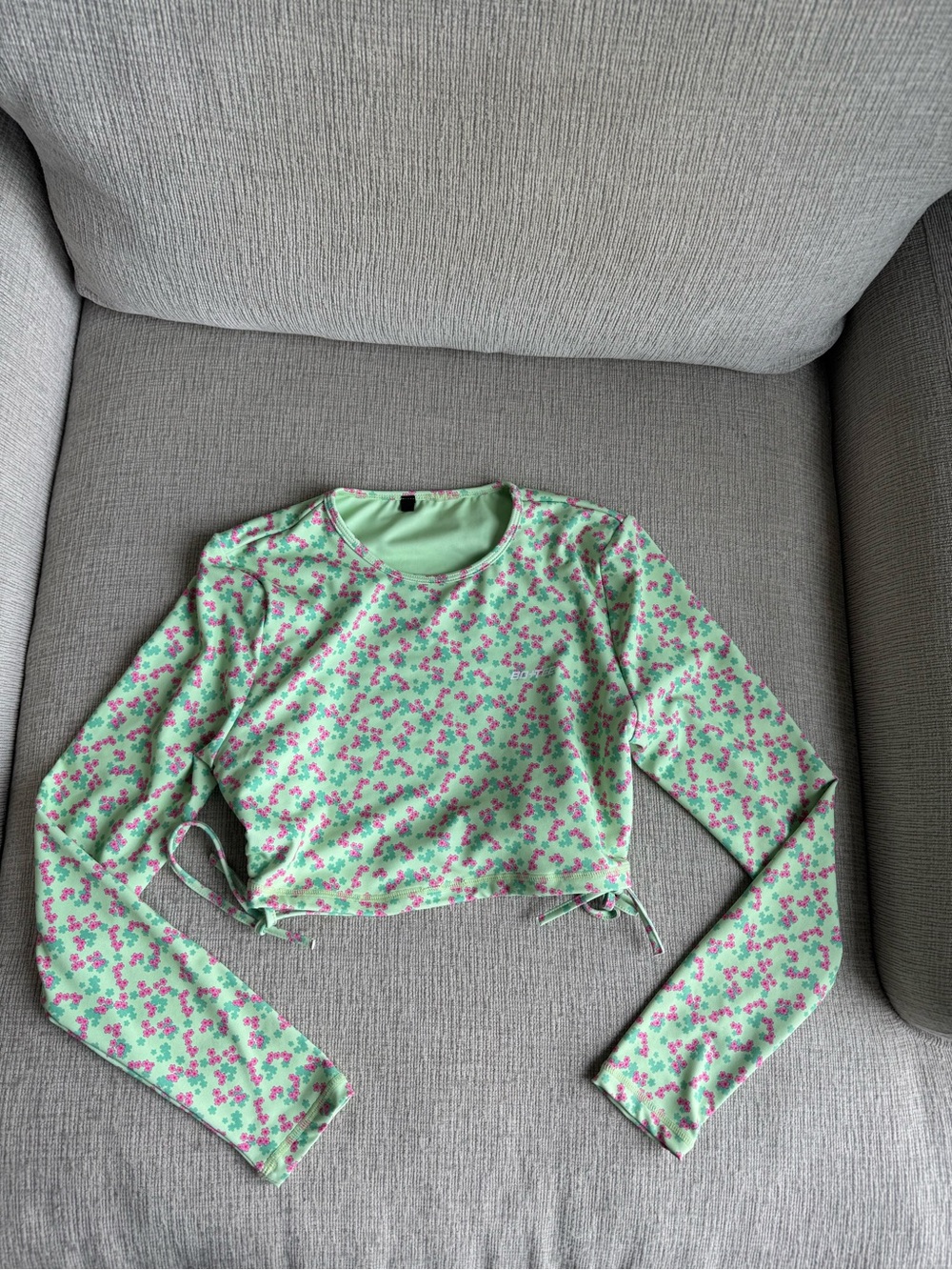 Mint Green Floral Long-Sleeve Crop Top
